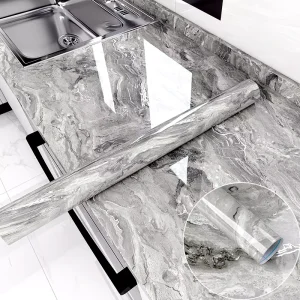 Glossy Gold Silver Marble Sticker Self Adhesive Removable 3D Kitchen Oil proof Wallpaper Vinyl Rolls Peel and Stick for Home