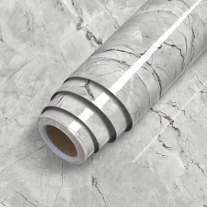 Glossy Gray Vinyl Peel and Stick Wallpaper Self Adhesive Wall Paper 3D Marble Sticker for Room 23.5 Inch X196.7inch