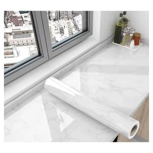 Glossy White Marble Self Adhesive Removable 3D Oil proof Wallpaper Vinyl Rolls Peel Stick for Kitchen Living Room Hotel Use