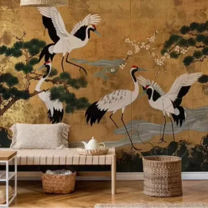 Gold Foil Red Crowned Crane Wall Panel Exquisite Pine and Bird Design Home Hotel Living Room Interior Wall Decoration