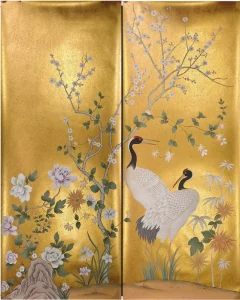 Gold Foil Wallpaper Hand Painted Chinoiserie Crane Plum Peony Floral Wallpaper for Luxury Living Room Villa Hotel Interior Decor