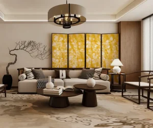 Golden Background Wall Mural Customizable Floral & Bamboo Bird Pattern Wall Paper for Tea House Living Room Restaurant Durable