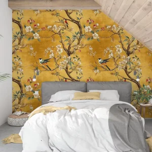 Golden Chinoiserie Floral and Bird Mural Traditional Interior Decoration Bedroom Living Room Decor Self Adhesive Wallpaper