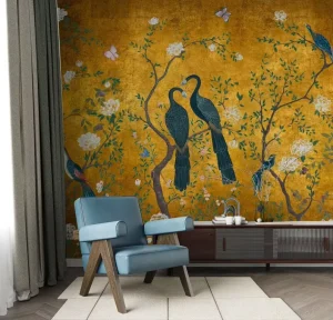 Golden Chinoiserie Peacock Wallpaper Mural Hand Painted Birds Flowering Trees Luxury Wall Art