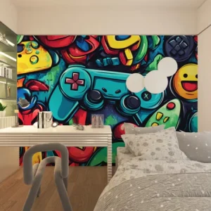 Graffiti Game Controller Peel and Stick Wallpaper Mural Custom Size Vibrant Gaming Wall Decor for Boy Bedroom Game Room Removable