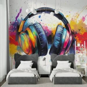 Graffiti Headphones Peel and Stick Wallpaper Mural Custom Size Vibrant Music House Wall Decor for Teen Bedroom Studio Removable