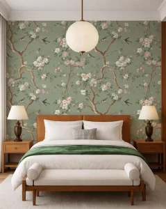 Green Floral Bird Mural Vintage Chinoiserie Inspired Wall Decor for Modern Farmhouse Living Room Bedroom Textured Natural Finish