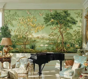 Green Landscape Wallpaper Custom Size Vintage Floral Bird Wall Decor Fade Resistant