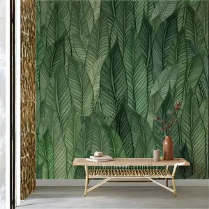 Green Leaves Stripes & Plaid Waterproof Modern Self Adhesive Living Room Peel and Stick Wall Paper Wallpaper