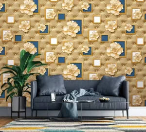 Guangzhou 53cm Wide 3D Fashion Imitation Leather Gold Flower Pattern Design Wallpaper Rolls