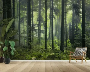 HD 3D Foggy Forest Wall Mural Wallpaper Waterproof for Living Room Bedroom Dark Green Forest Mural Wallpaper