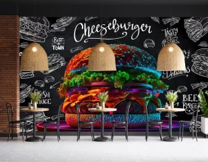 Hamburg Restaurant Peel and Stick Waterproof Decal Wallpaper Black Fast Food Murals Blackboard Style Cafe Wall Decorations