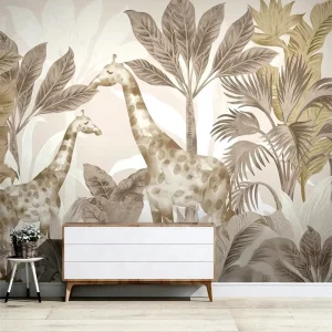 Hand Drawn Giraffes and Plants Self Adhesive Wall 3D Decorative Wallpaper