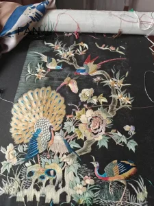 Hand Embroidered Peacock & Peony Silk Wallpaper Custom Art Wall Mural for High End Hotel & Villa Decor