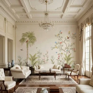 Hand Embroidered Wallpaper Tropical Palm Toucan Chinoiserie Blossom Tree Butterfly Mural for Holiday Villa Dining Interior Decor