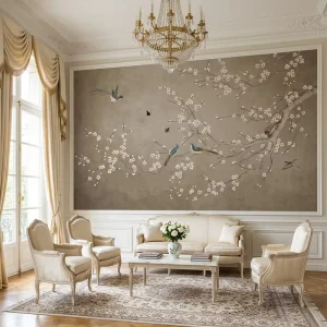 Hand Embroidery Wallpaper Chinoiserie Plum Magpie Blossom Branch Butterfly Wall Mural for Luxury Villa Tea Room Interior Decor