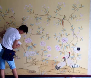 Hand Painted Chinoiserie Crane Wallpaper Mural for Hotel Decor