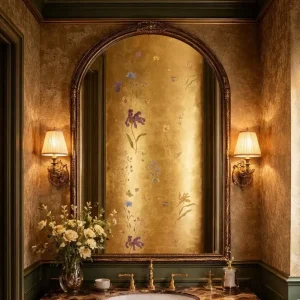 Hand Painted Chinoiserie Wallpaper Gold Foil Floral Bird & Pet Mural Luxury Decor