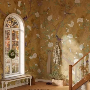 Hand Painted Gold Foil 3D Waterproof Wall Mural Artist-Signed Luxury Paper Wallpaper for Bedroom Museum-Class Chinoiserie Floral