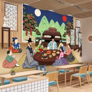Hand-Painted Modern Korean Restaurant Silk Wallpaper with Easy Installation for Household Use BBQ Restaurant Background Mural