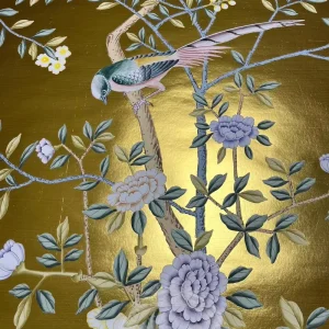 Hand-Painted Silk Chinoiserie Wallpaper Gold Foil Floral Bird Pet Mural Luxury Traditional Waterproof Decor Apartment Gym