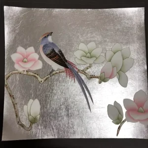 Hand Painted Sliver Foil Wallpaper China Style Flowers and Birds Mural for Samples