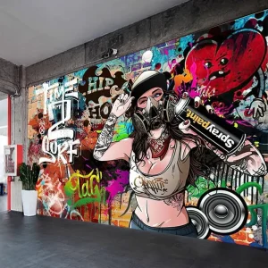 Hand-Painted Street Graffiti Wallpaper Trendy Gym Mural Wall Covering Hip-Hop Dance Studio Background Personalized Hip-Hop