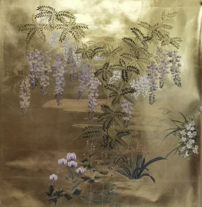 Hand Painted Wallpaper Chinoiserie Wisteria Floral Tree Gold Textured Wallpaper for Luxury Home Villa Hotel Interior Decoration