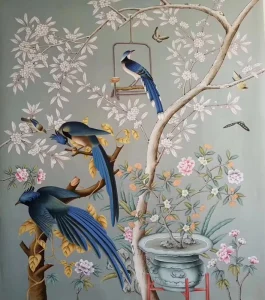 Hand painted Floral and Bird Design Silk Wallpaper for Home Improvement