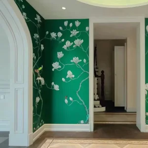Handmade Embroidery Elegant Magnolia on Emerald Background Wallpaper