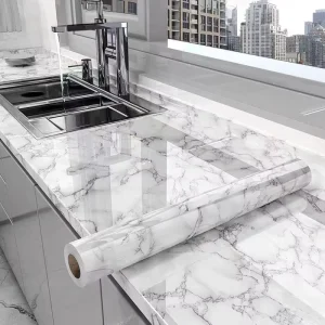 High Glossy Marble Kitchen Wall Paper White Peel and Stick Self Adhesive Waterproof Marble Sticker for Kitchen
