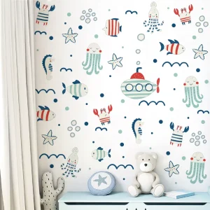 Home Decor Stickers Marine Animal Cartoon Submarine for Kids’ Room Self Adhesive Wall Decals