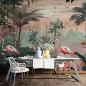 Home Indoor Room Wall Decoration Tropical Rainforest Plants Palm Flamingo Mural Wallpaper