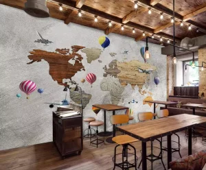 Industrial Style World Map Wall Decor Mural Restaurant Café Interior Decoration Wallpaper Sticker