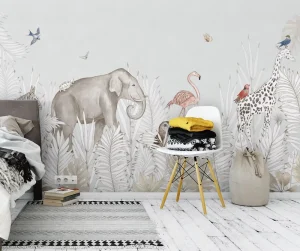 Ink Wash Animal Mural Hand Painted Eco Friendly Fireproof Line Art Wallpaper for Modern Kids Room
