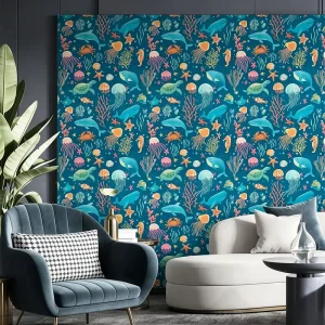 Ins Style Cute Cartoon PVC Wallpaper Hand Drawn Jellyfish Seahorse Coral Whale Self Adhesive Wall Sticker for Kids Bedroom Decor