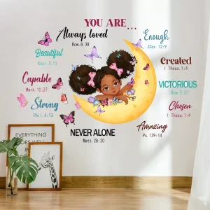 Inspiring English Litter Girl And Moon Wall Sticker Removeable PVC Wallpaper For Bedroom Living Room Kid’s Room Wall Decals