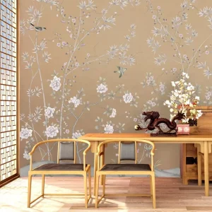 Interior Decoration Flower Floral Bird Chinoiserie Mural Wallpaper Lilac Luxury Sophisticated Wallcoverings Home Decor