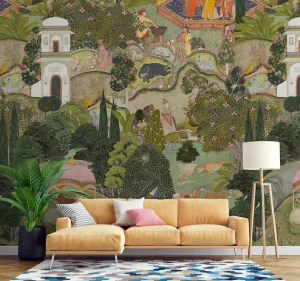 Jaipur Garden Handmade Custom Indian Floral Waterproof 3D Digital Printed Peel Stick Wallpaper Mural for Living Room Household