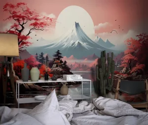 Japanese Fuji Mountain Red Maple Removable Peel Stick Waterproof Traditional Wall Mural Sunset Nature Landscape Wallpaper