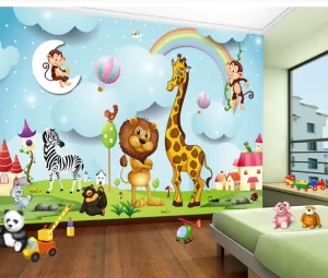 Kids’ Cartoon Animal Wall Art Mural Rainbow Zoo Custom Non-Woven Wallpaper for Children’s Room Decoration