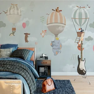 Kids Cartoon Hot Air Balloon Cute Animals Silk Waterproof Wallpaper for Nursery Dining Bathroom Children’s Room Decor Customized