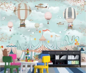 Kids’ Circus Animal Wall Paper Mural Hot Air Balloon Amusement Park Wallpaper for Children’s Room Decoration
