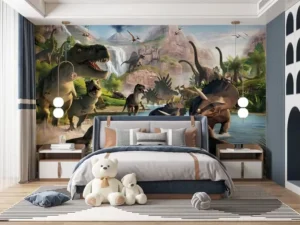Kids Dinosaur Jungle Non Woven Mural Custom Size Jurassic Wallpaper for Boys Bedroom Playroom Hotel Suite Removable