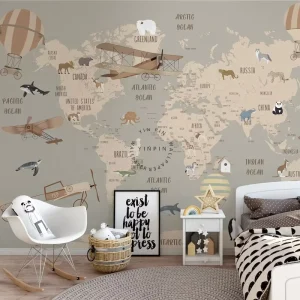 Kids Map Wall Mural Hot air Balloon Animals Waterproof Wallpaper
