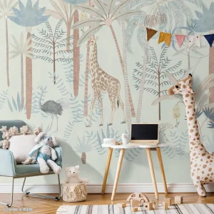 Kids Wallpaper Children Room Kids Jungle Wall Mural Pastel Blue & Beige Animal Wall Art for Kids Bedroom Eco Friendly Material