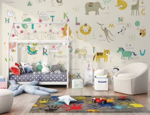 Kids Wallpaper Custom Animal & Alphabet Wall Mural Educational Cartoon Wall Decor for Kids Room Nursery Easy Install Removable