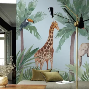 Kids Wallpaper Custom Whimsical Safari Wall Mural Watercolor Tropical Animal Modern Living Room Bedroom Playroom Easy Install