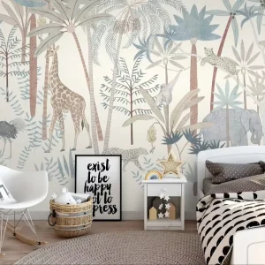Kids Wallpaper Tapeten Kindertapeten Jungle Wall Mural Pastel Blue & Beige Animal Wallpaper for Kids Room Home Durable Non Toxic