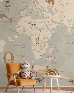 Kids World Map 3D Mural Colorful Cartoon Wallpaper with Animals and Landmarks Peel and Stick for Bedrooms and Hospitals